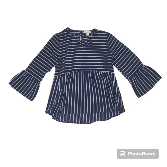 TheOutfit Navy Blue Stripe Bell Sleeve Blouse Sz M - Picture 1 of 8